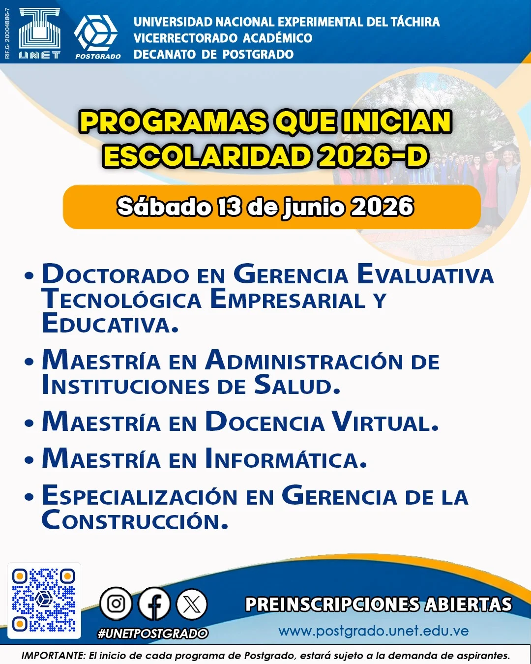 🎓 PRÓXIMO INICIO DE ESCOLARIDAD | POSTGRADO UNET 2026-D 🎓