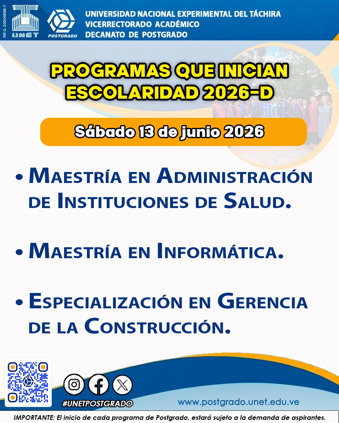 🎓 PRÓXIMO INICIO DE ESCOLARIDAD | POSTGRADO UNET 2026-D 🎓